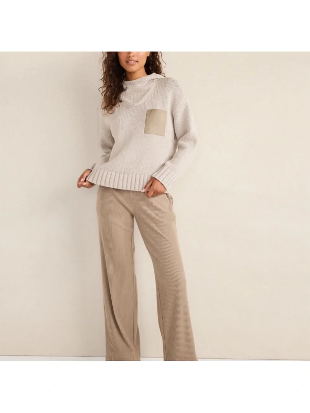 Women's Cream Cowl Neck Pocket Sweater